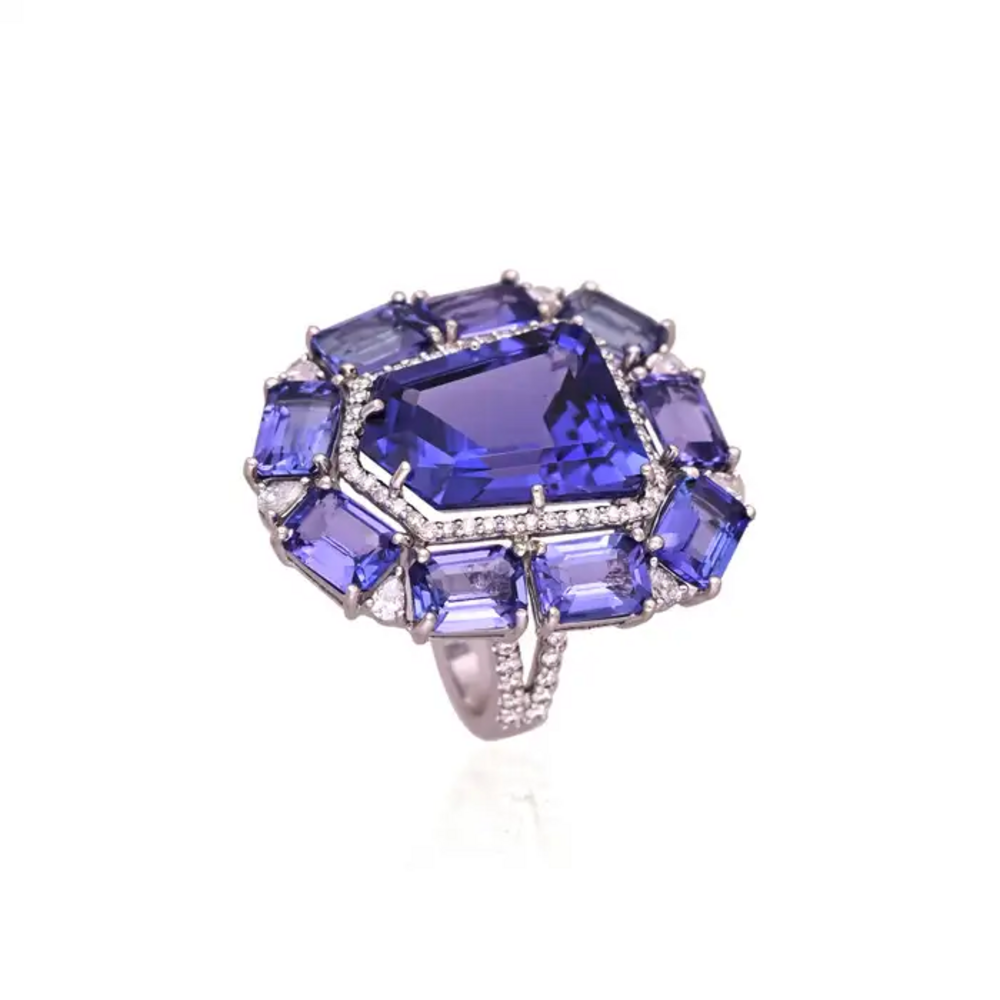 Natural Tanzanite & Rose Cut Diamond Cocktail Ring - 18k White Gold Diamond Wedding Ring
