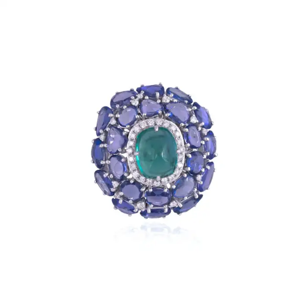18k White Gold Diamond Statement Ring - Natural Zambian Emerald & Blue Sapphire Cocktail Ring