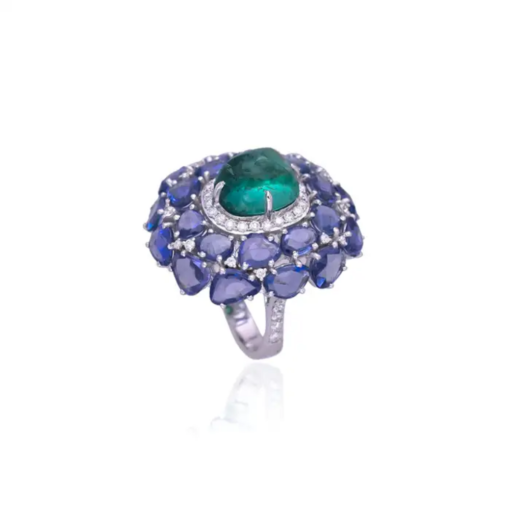 18k White Gold Diamond Statement Ring - Natural Zambian Emerald & Blue Sapphire Cocktail Ring