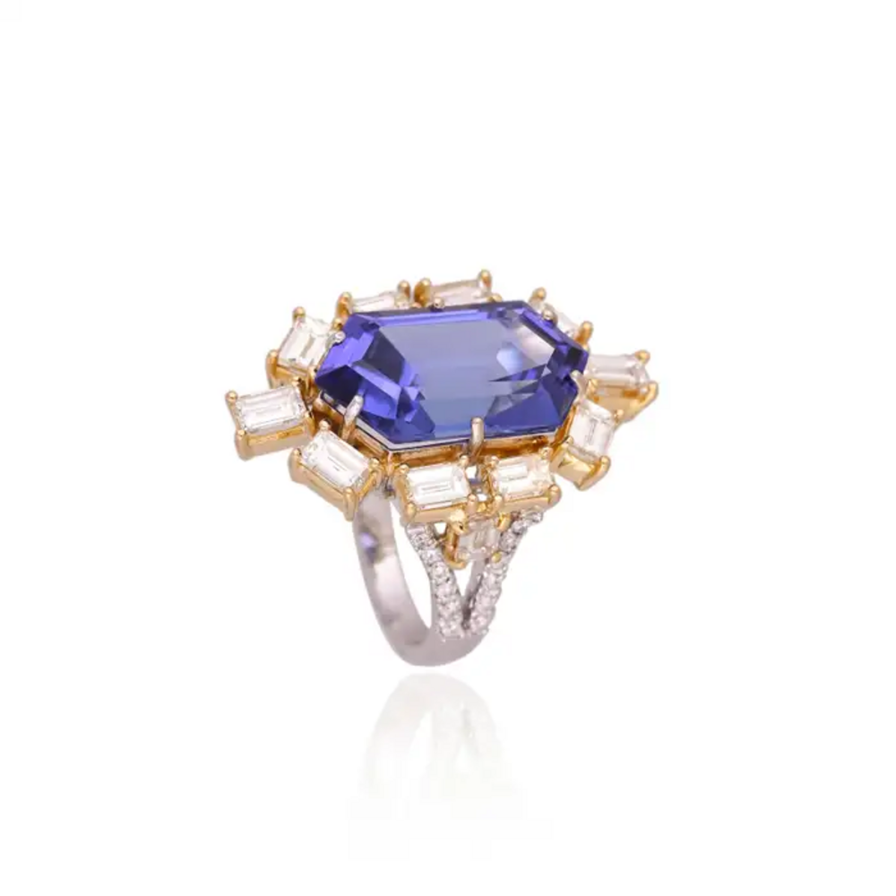 18k White Gold Yellow Diamond Engagement Ring - Natural Hexagon Cut Tanzanite Statement Ring