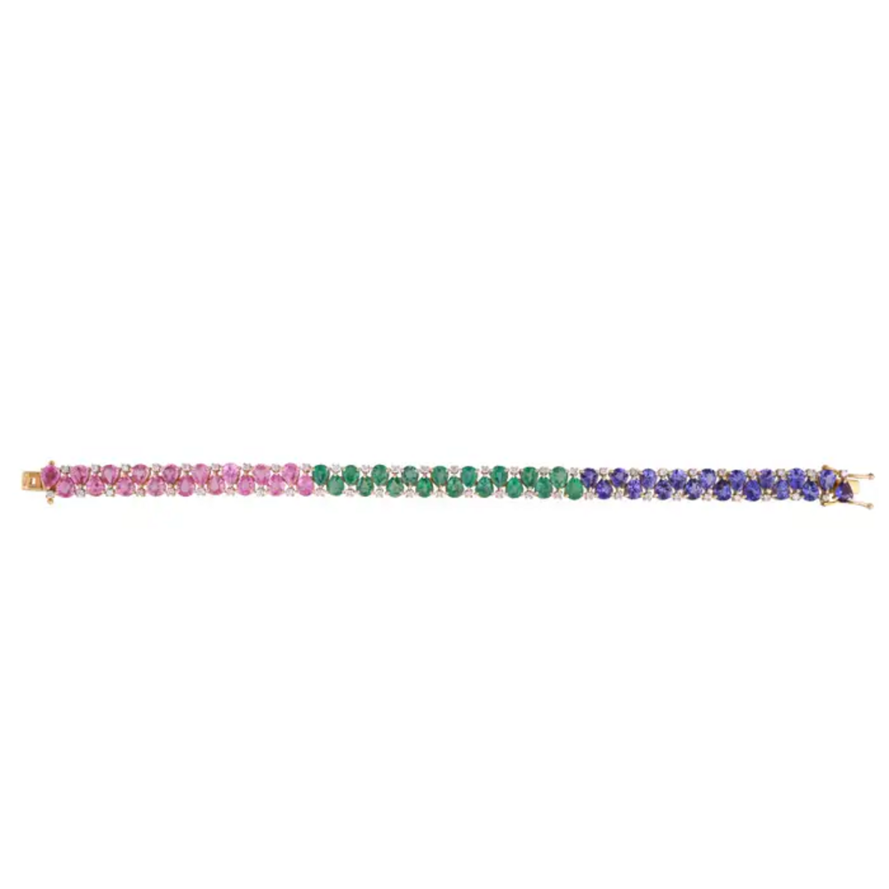 Natural Emerald, Tanzanite & Pink Sapphire Bracelet - 18k Yellow Gold Diamond Tennis Bracelet