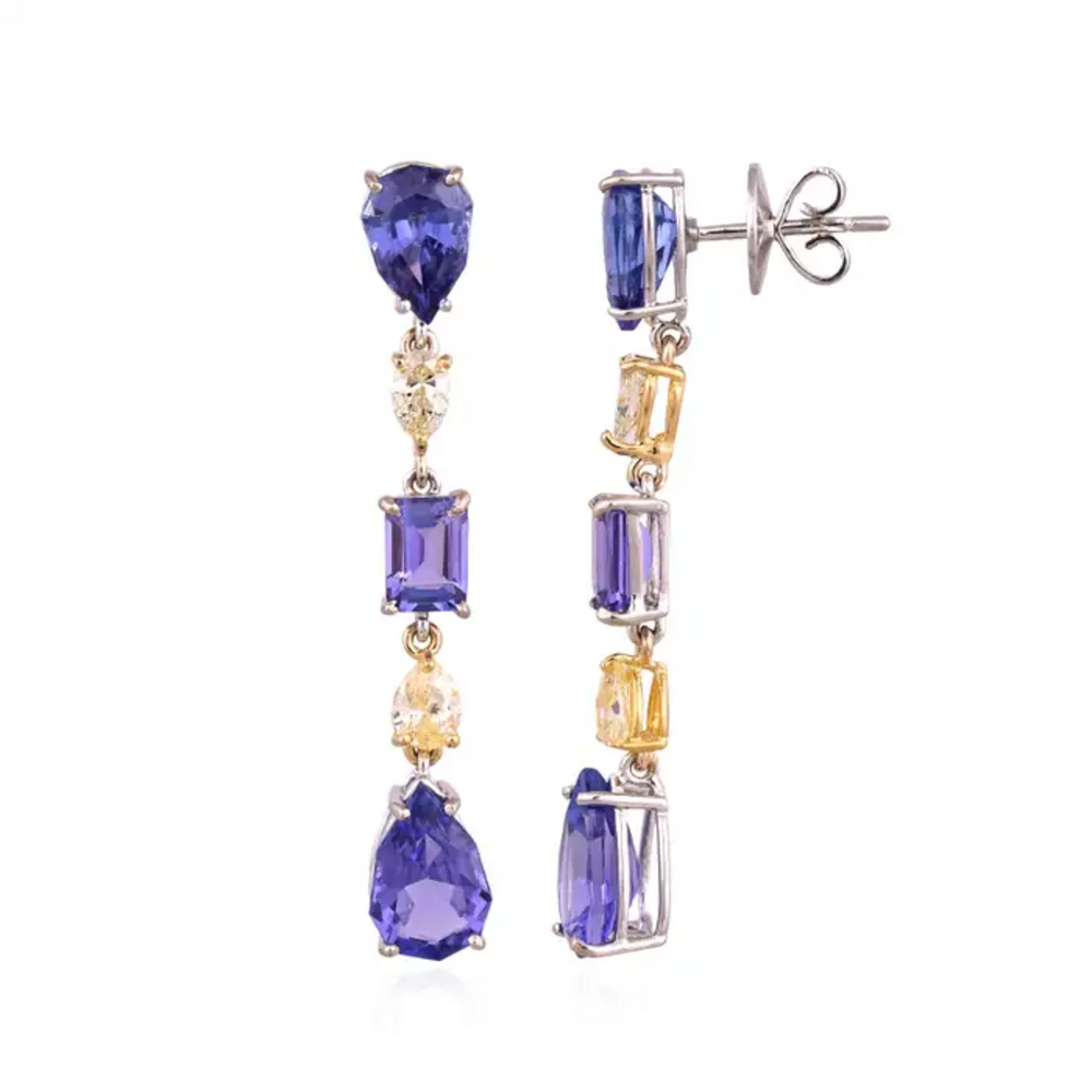 18k White Gold Diamond Dangle Earrings - Natural Tanzanite & Yellow Diamond Earrings