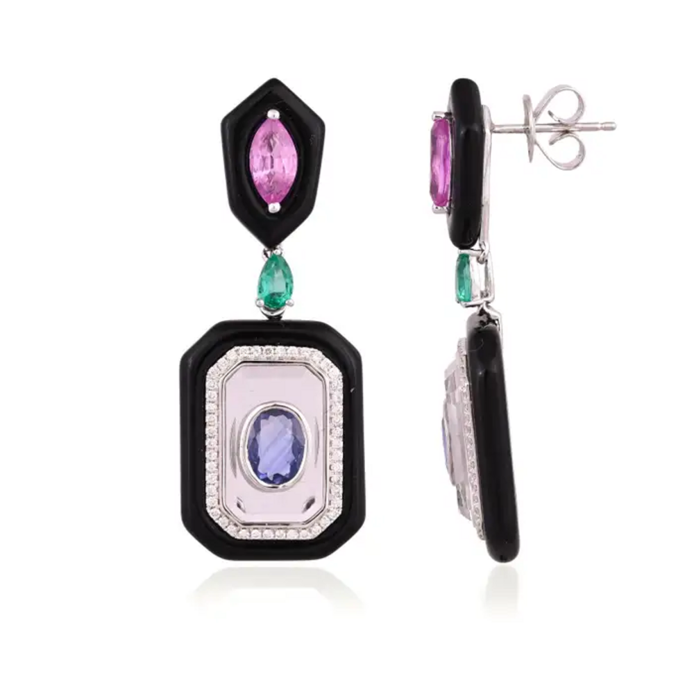 18k White Gold Diamond Dangle Earrings - Natural Emerald, Sapphire, Black Onyx & Crystal Earrings