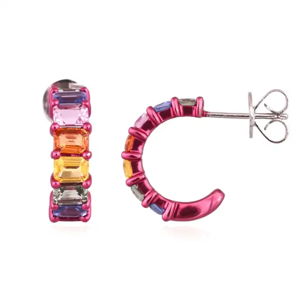 18k White Gold Half Hoop Earrings - Natural Ceylon Multi Sapphire Tiny Earrings