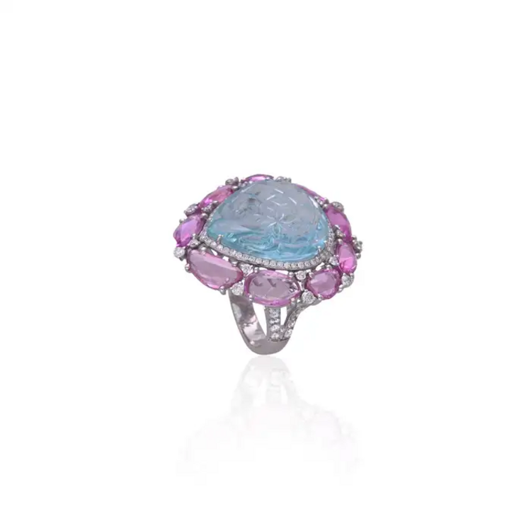 Carved Aquamarine & Pink Sapphire Gemstone Handmade Ring - Solid 18k White Gold Diamond Statement Ring
