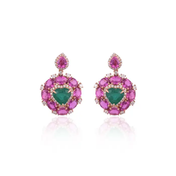 Heart Shape 8.95 Ct. Zambian Emerald Earrings - 18k Rose Gold Diamond Dangle Earrings - Natural Pink Sapphire Earrings