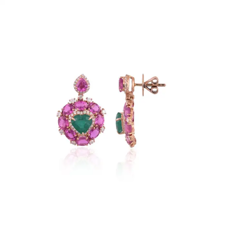 Heart Shape 8.95 Ct. Zambian Emerald Earrings - 18k Rose Gold Diamond Dangle Earrings - Natural Pink Sapphire Earrings
