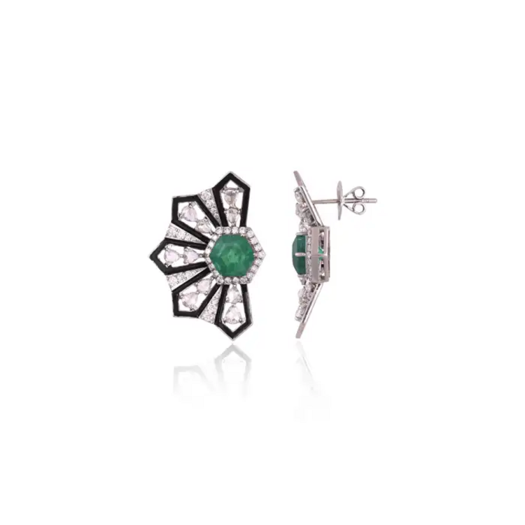 18k White Gold Handmade Stud Earrings - Natural Zambian Emerald & Diamond Women Earrings