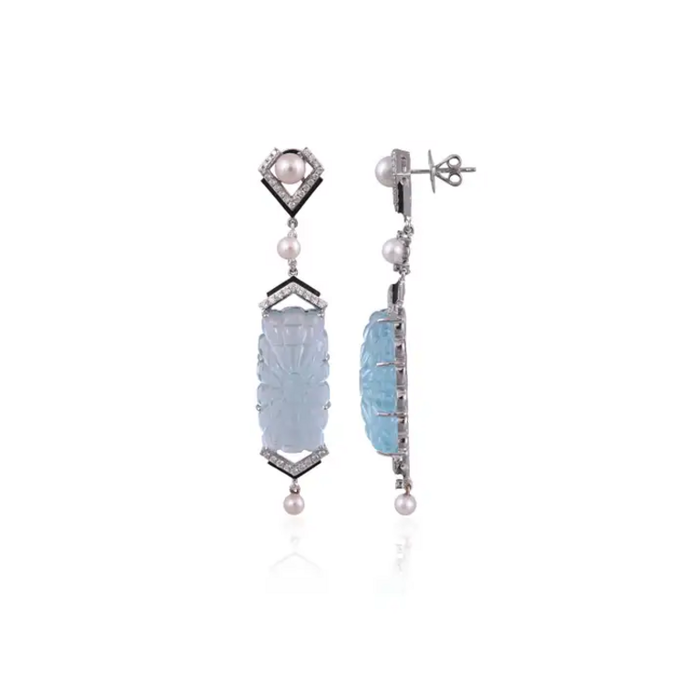 Handmade 18k White Gold Dangle Earrings - Natural Diamond & Carved Aquamarine Gemstone Earrings - Freshwater Pearl, Black Enamel Earrings