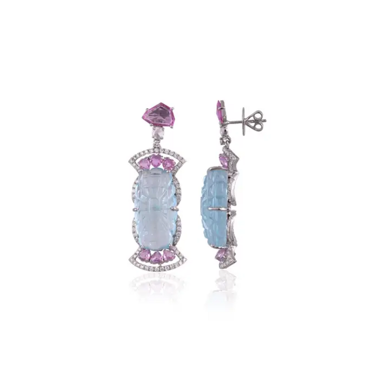 White Gold 18k Earrings - Natural Pink Sapphire & Carved Aquamarine Gemstone Dangle Earrings - Gold Diamond Women Valentine Jewelry