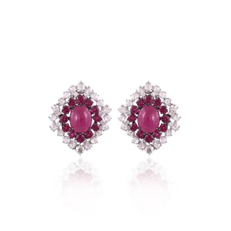 Natural Mozambique Ruby Stud Earrings - 18k White Gold Diamond Minimalist Earrings