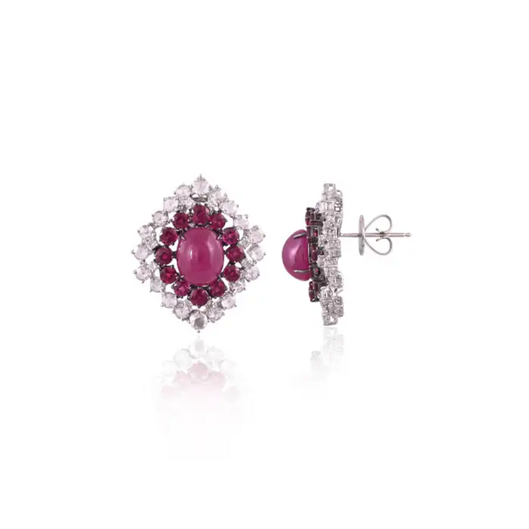 Natural Mozambique Ruby Stud Earrings - 18k White Gold Diamond Minimalist Earrings
