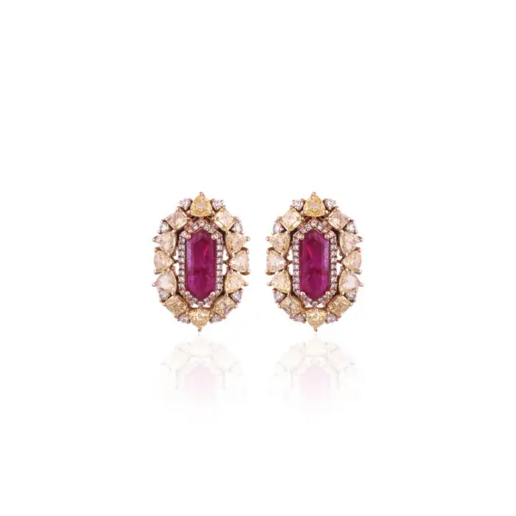18k Rose Gold Yellow Diamond Stud Earrings - Natural Mozambique Ruby Tiny Earrings