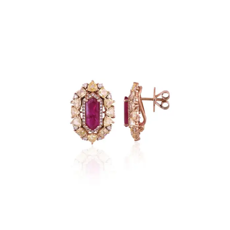 18k Rose Gold Yellow Diamond Stud Earrings - Natural Mozambique Ruby Tiny Earrings