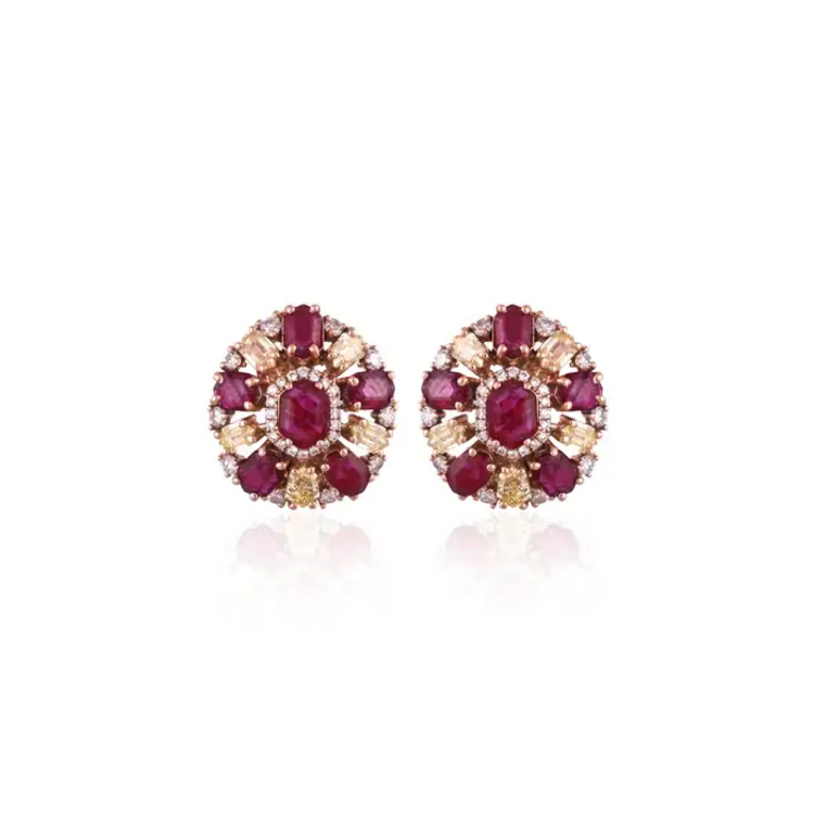 Mozambique Ruby & Yellow Diamond Stud Earrings - 18k Yellow Gold Diamond Stud Earrings