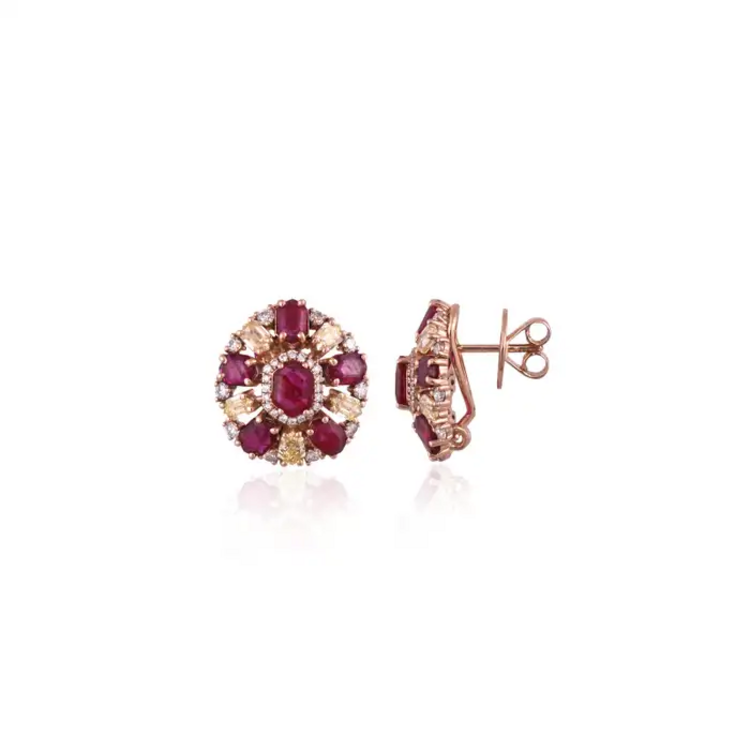 Mozambique Ruby & Yellow Diamond Stud Earrings - 18k Yellow Gold Diamond Stud Earrings