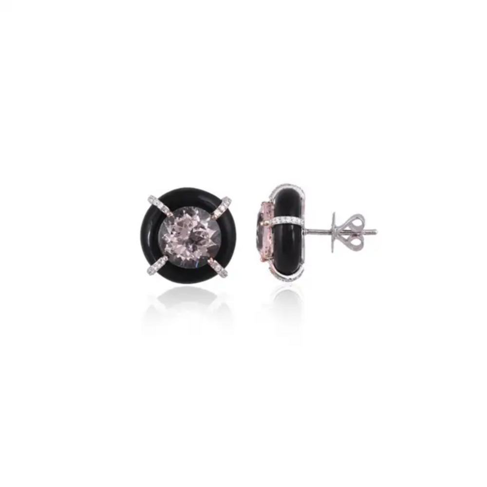 Natural Morganite & Black Onyx Stud Earrings - 18k Gold Diamond Round Tiny Stud Earrings