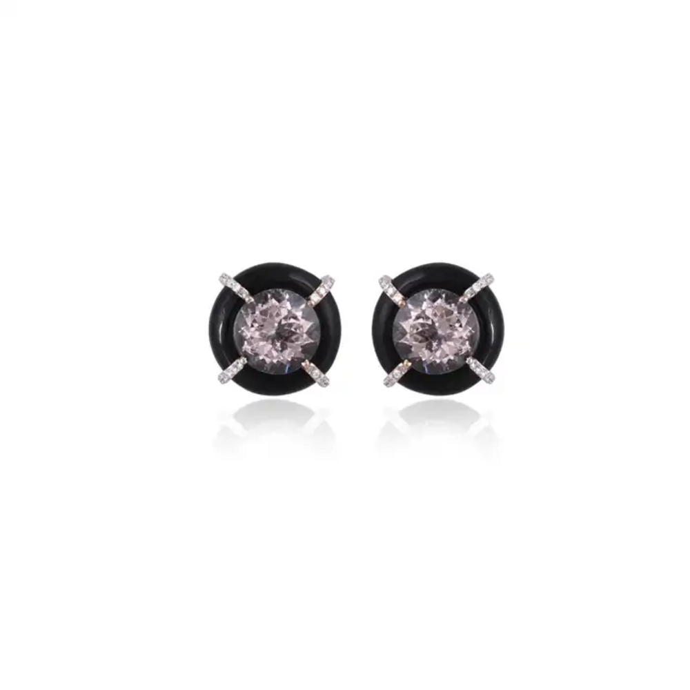 Natural Morganite & Black Onyx Stud Earrings - 18k Gold Diamond Round Tiny Stud Earrings