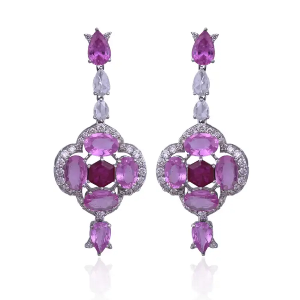 Ceylon Pink Sapphire & Ruby Gemstone Earrings - 18k White Gold & Rose Cut Diamond Dangle Earrings