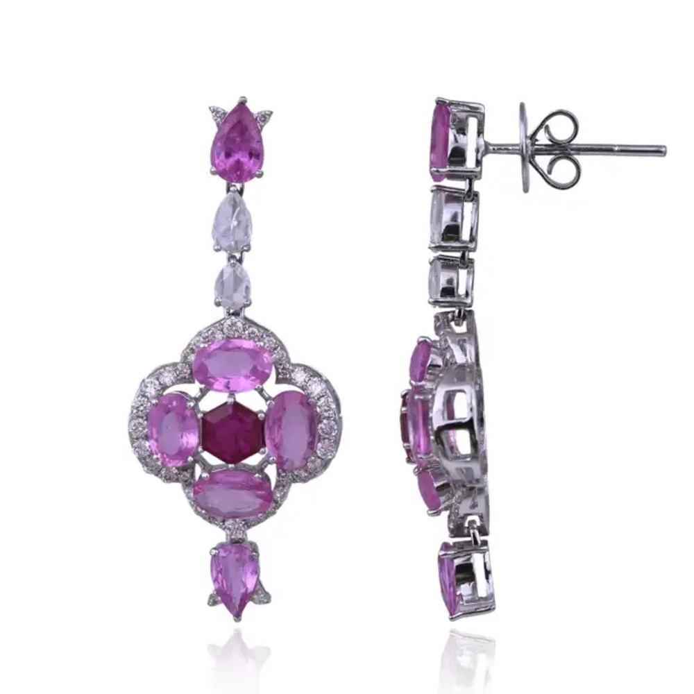 Ceylon Pink Sapphire & Ruby Gemstone Earrings - 18k White Gold & Rose Cut Diamond Dangle Earrings