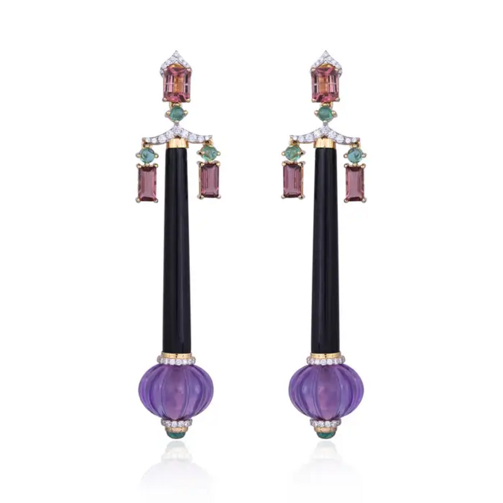 Natural Amethyst , Tourmaline & Black Onyx Dangle Earrings - 18k Yellow Gold Diamond Earrings