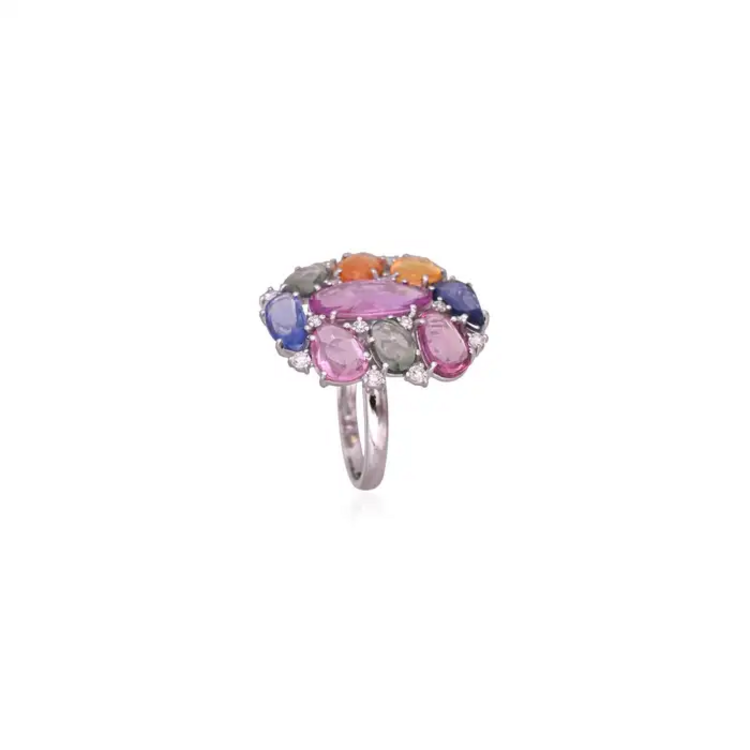 Multi Sapphire Gold Ring - 18k White Gold Handmade Cocktail Ring - Women Gold Diamond Ring