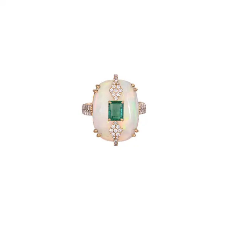 18k Yellow Gold Ethiopian Opal, Diamond Ring - Natural Zambian Emerald Ring