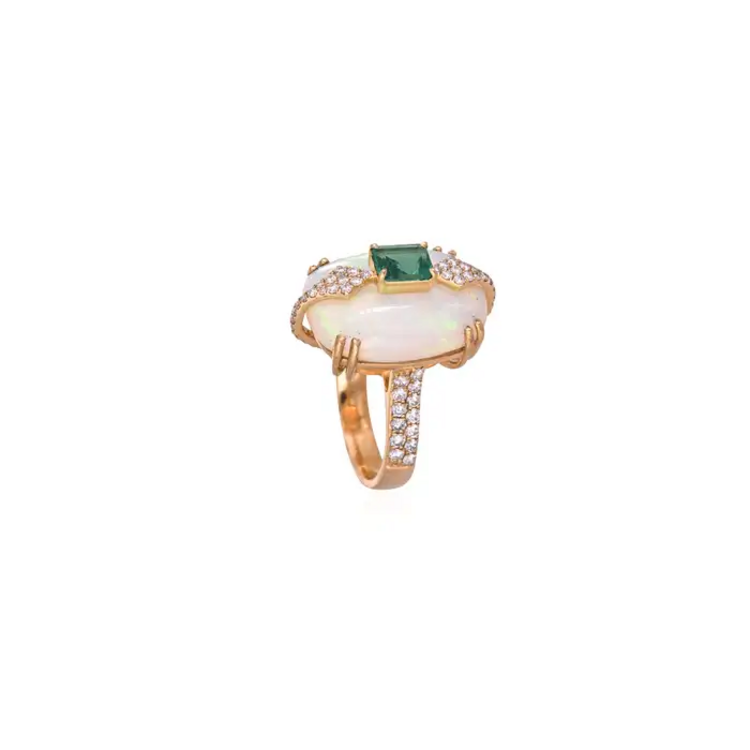 18k Yellow Gold Ethiopian Opal, Diamond Ring - Natural Zambian Emerald Ring