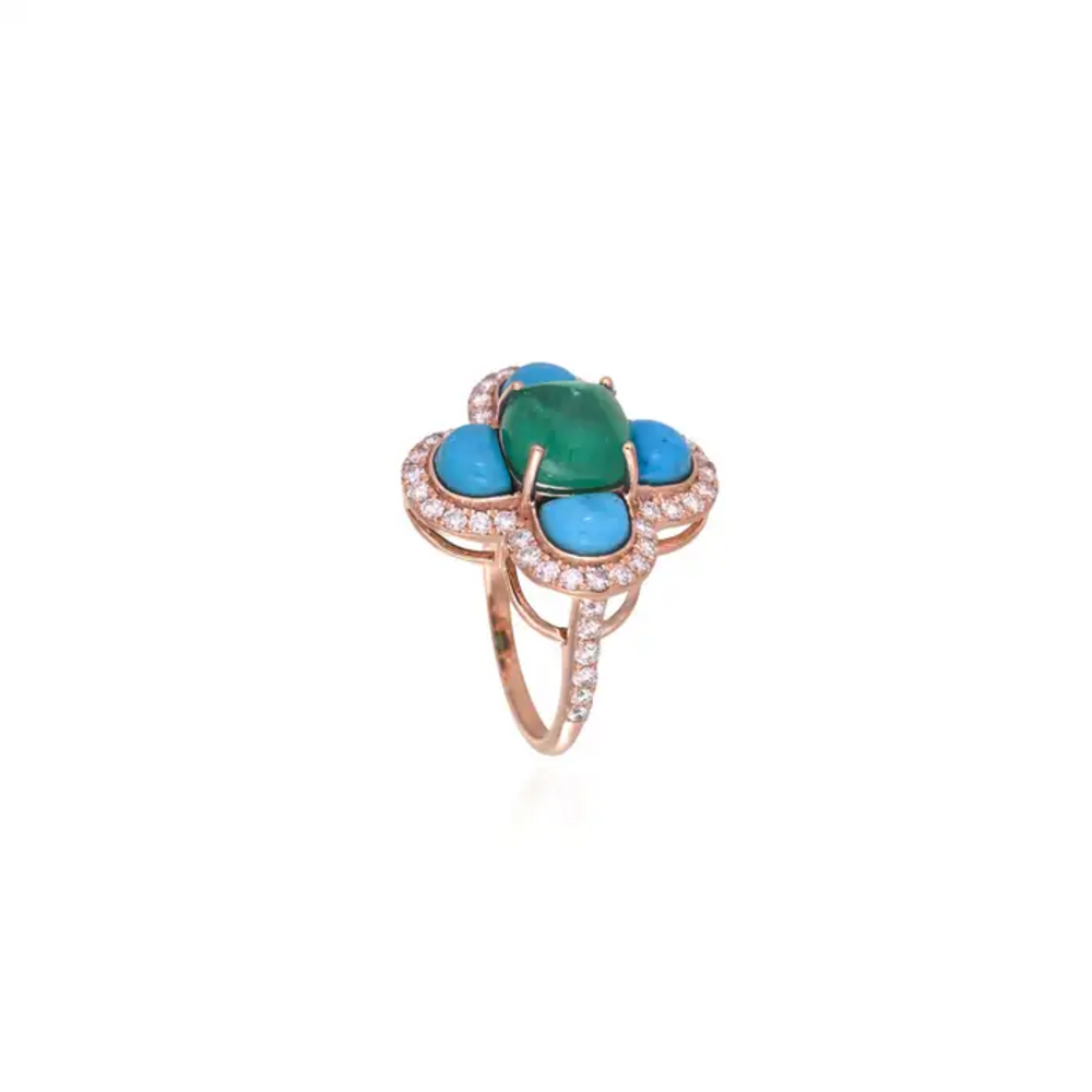 18k Rose Gold Diamond Handmade Ring With Natural Zambian Emerald & Turquoise