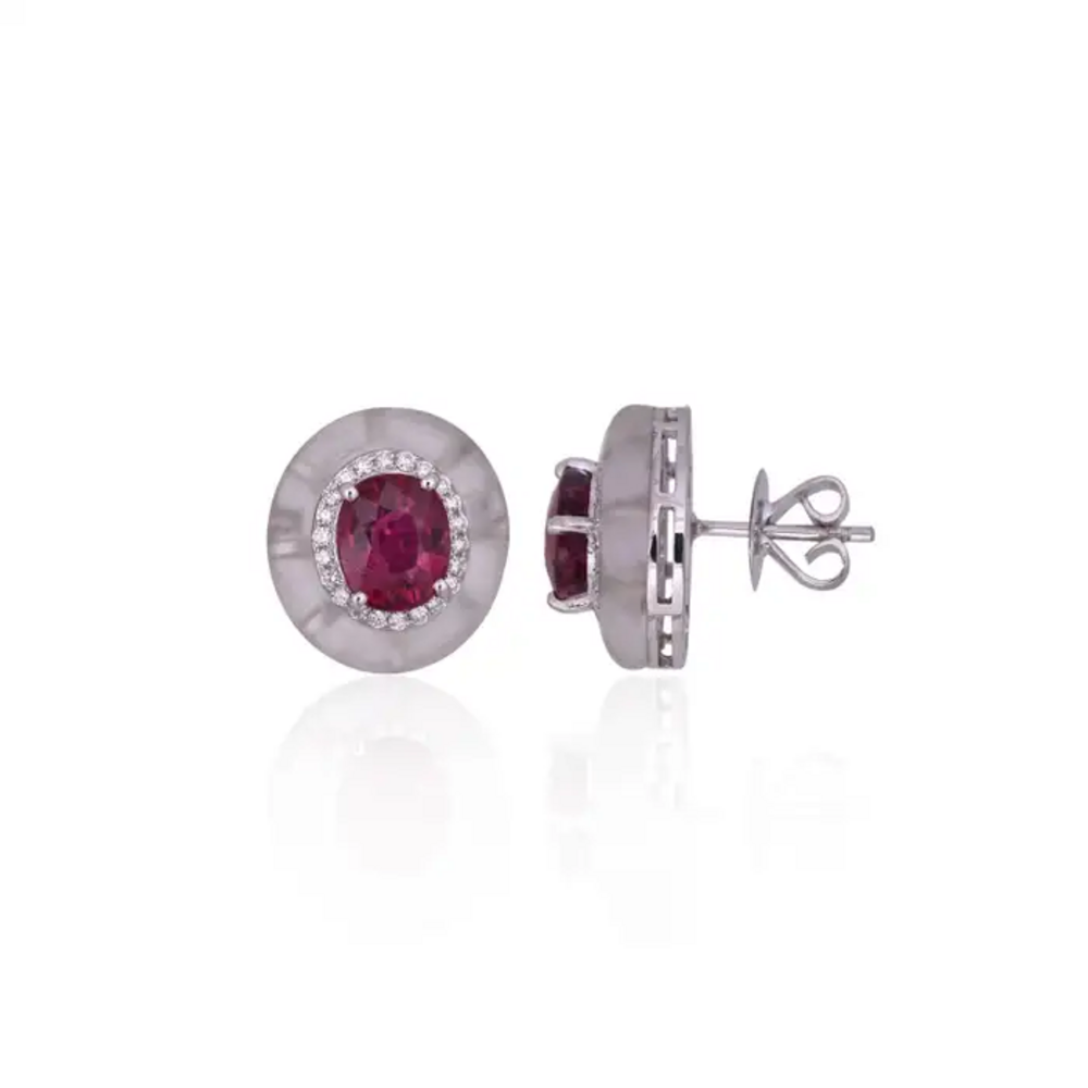 18k White Gold Diamond Stud Earrings - Natural Rubellite & Rock Crystal Earrings