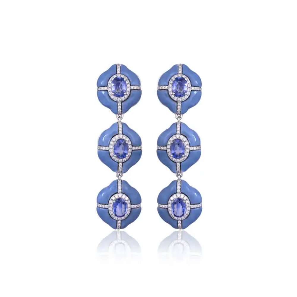 Natural Ceylon Blue Sapphire & Blue Opal Dangle Earrings - 18k White Gold Diamond Women Earrings