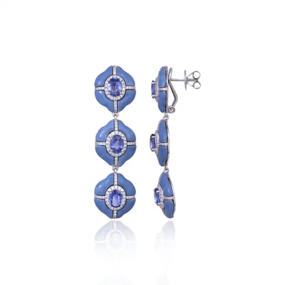 Natural Ceylon Blue Sapphire & Blue Opal Dangle Earrings - 18k White Gold Diamond Women Earrings