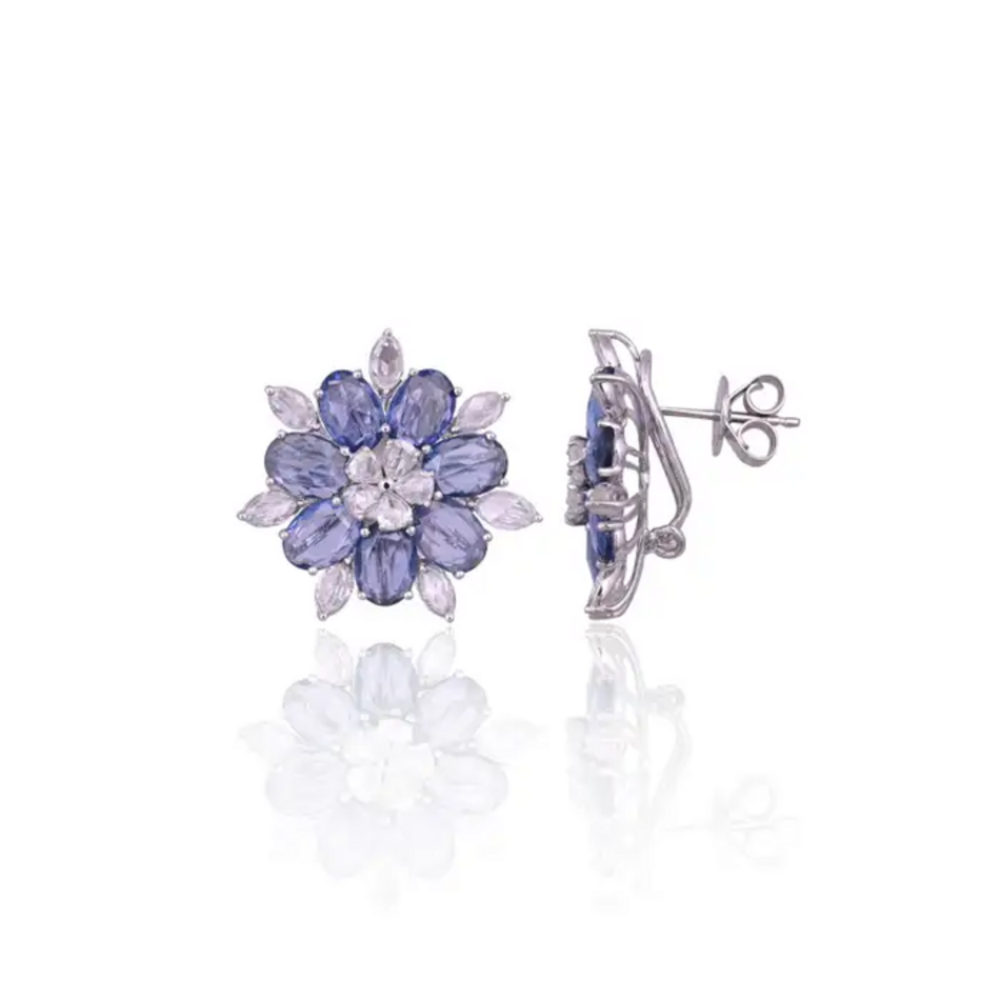 18k White Gold Rose Cut Diamond Stud Earrings - Natural Blue Sapphire Gemstone Earrings