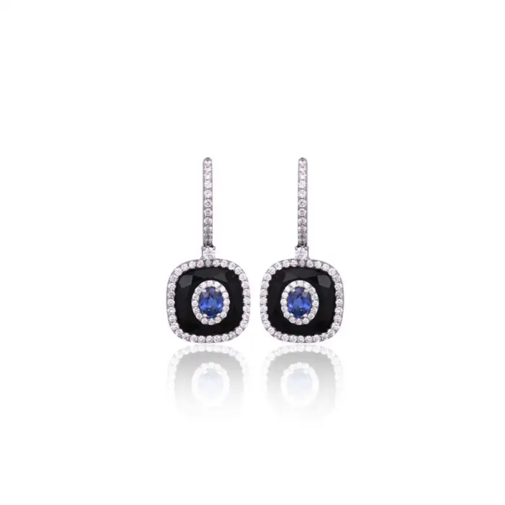 Natural Blue Sapphire & Black Onyx Earrings - 18k White Gold Diamond Earrings