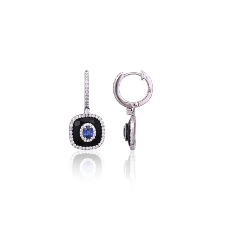 Natural Blue Sapphire & Black Onyx Earrings - 18k White Gold Diamond Earrings