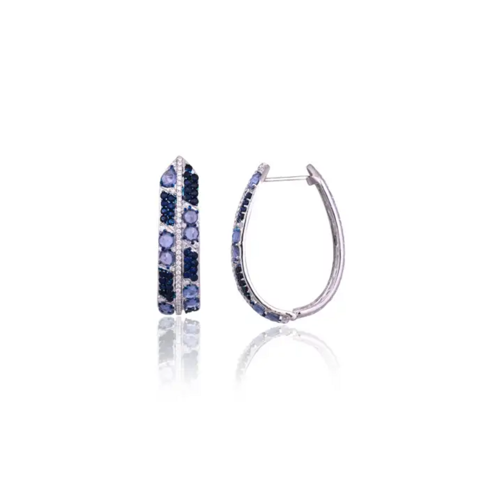 18k White Gold Diamond Hoop Earrings - Natural 5.69 Ct. Blue Sapphire Earrings