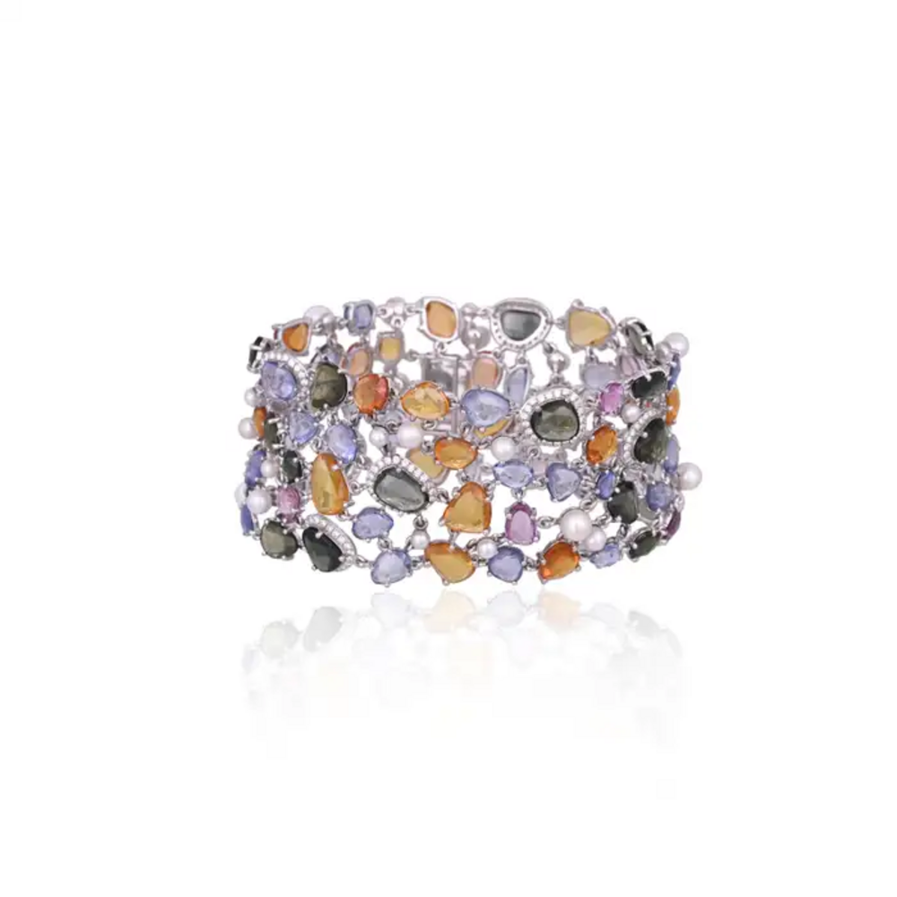 Natural Multi Sapphire & Pearls Link Bracelet - 18k White Gold Diamond Bracelet