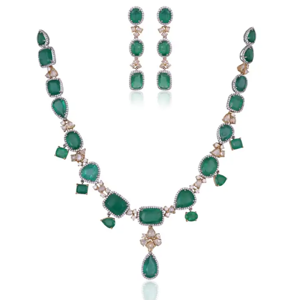 84.76 carats, Zambian Emeralds & Yellow Rose Cut Diamonds Necklace & Earrings