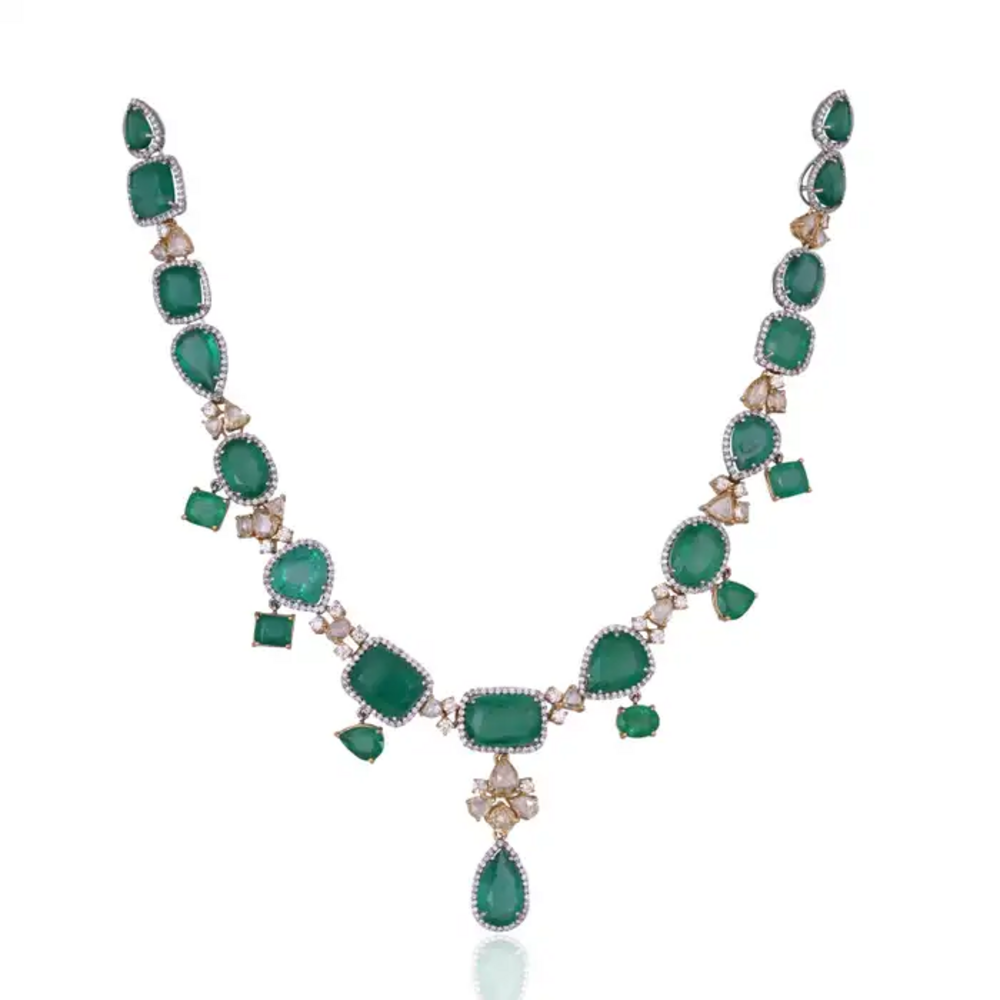 84.76 carats, Zambian Emeralds & Yellow Rose Cut Diamonds Necklace & Earrings