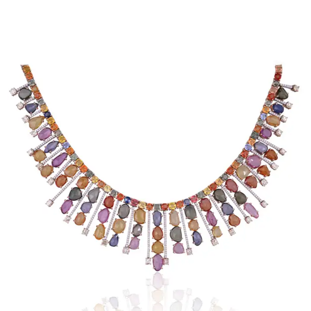 18k Rose Gold Necklace Earrings Set - Natural Multi Sapphire & Diamond Wedding Jewelry