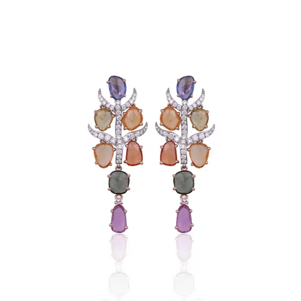 18k Rose Gold Necklace Earrings Set - Natural Multi Sapphire & Diamond Wedding Jewelry