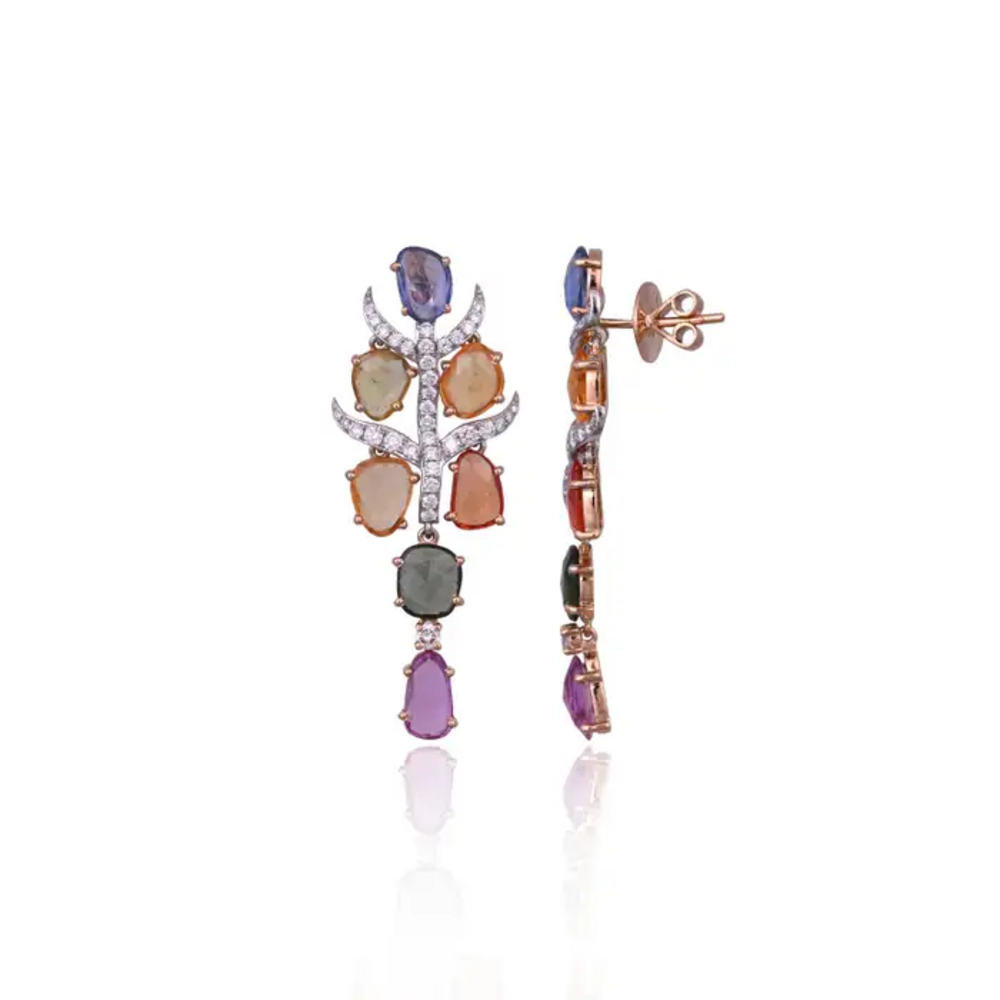 18k Rose Gold Necklace Earrings Set - Natural Multi Sapphire & Diamond Wedding Jewelry