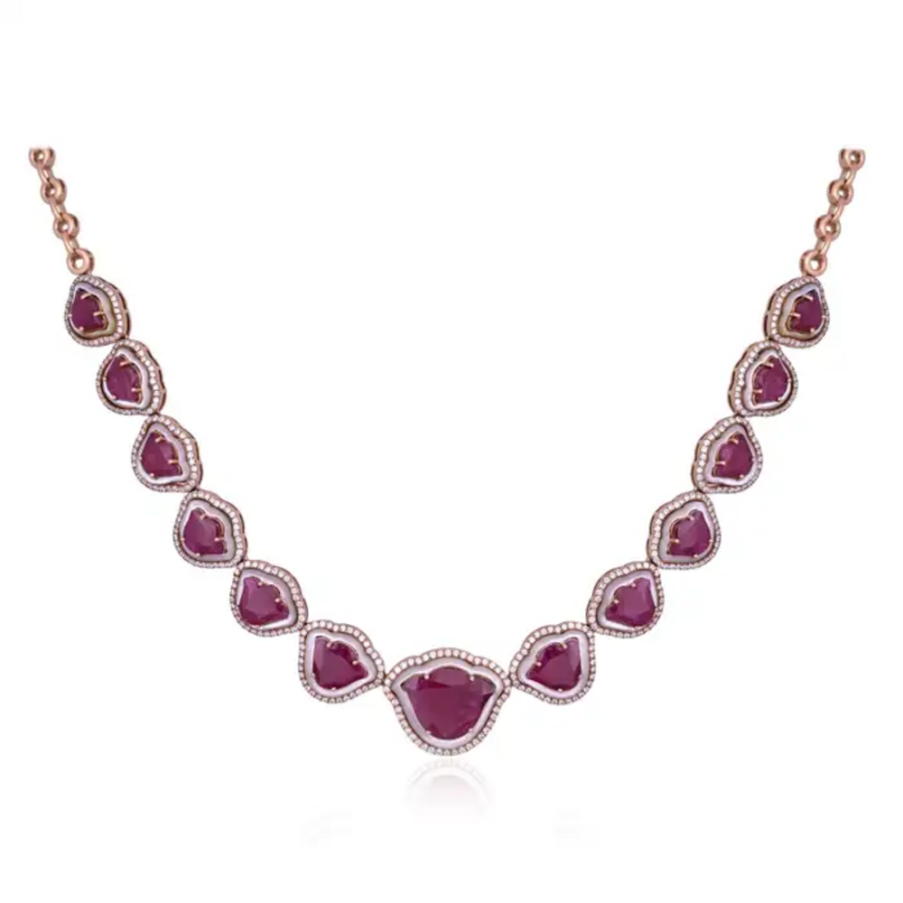 Tulip cut Mozambique Ruby & Mother Of Pearl Necklace Earrings Set - 18k Rose Gold Diamond Necklace Earrings