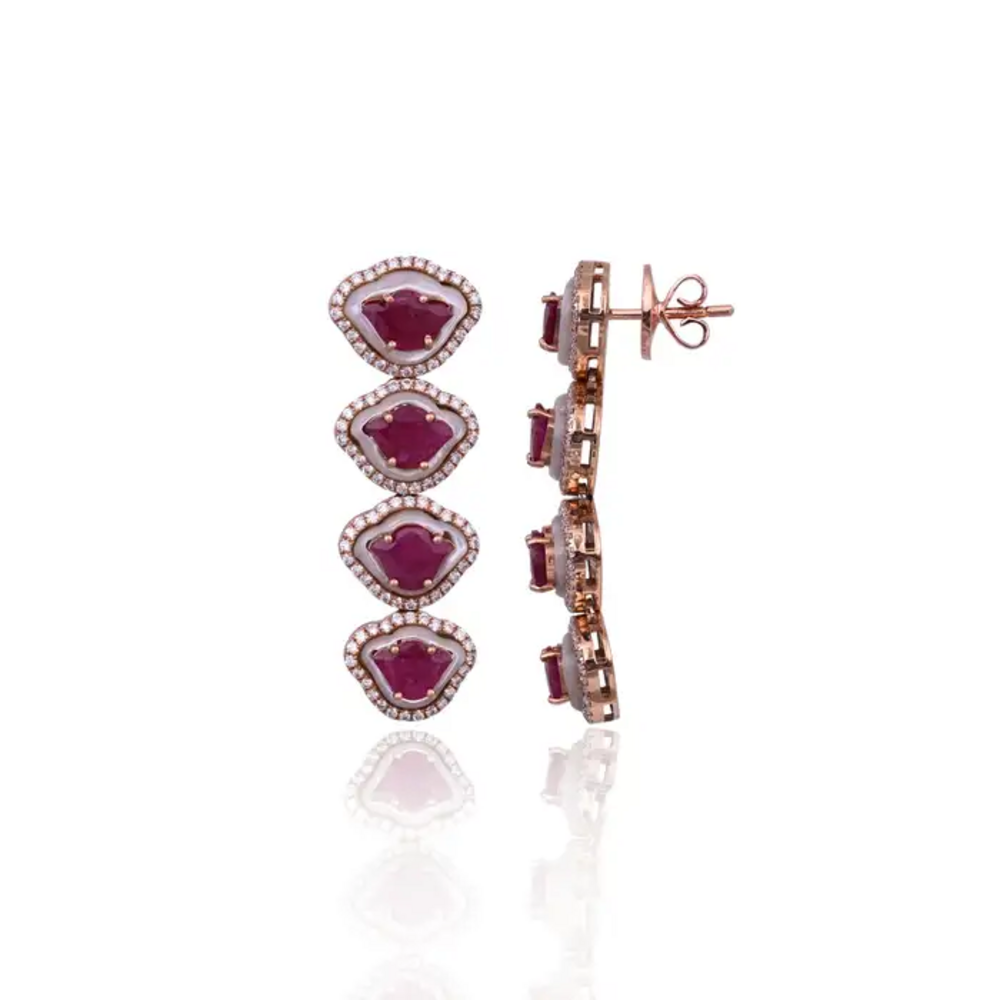 Tulip cut Mozambique Ruby & Mother Of Pearl Necklace Earrings Set - 18k Rose Gold Diamond Necklace Earrings