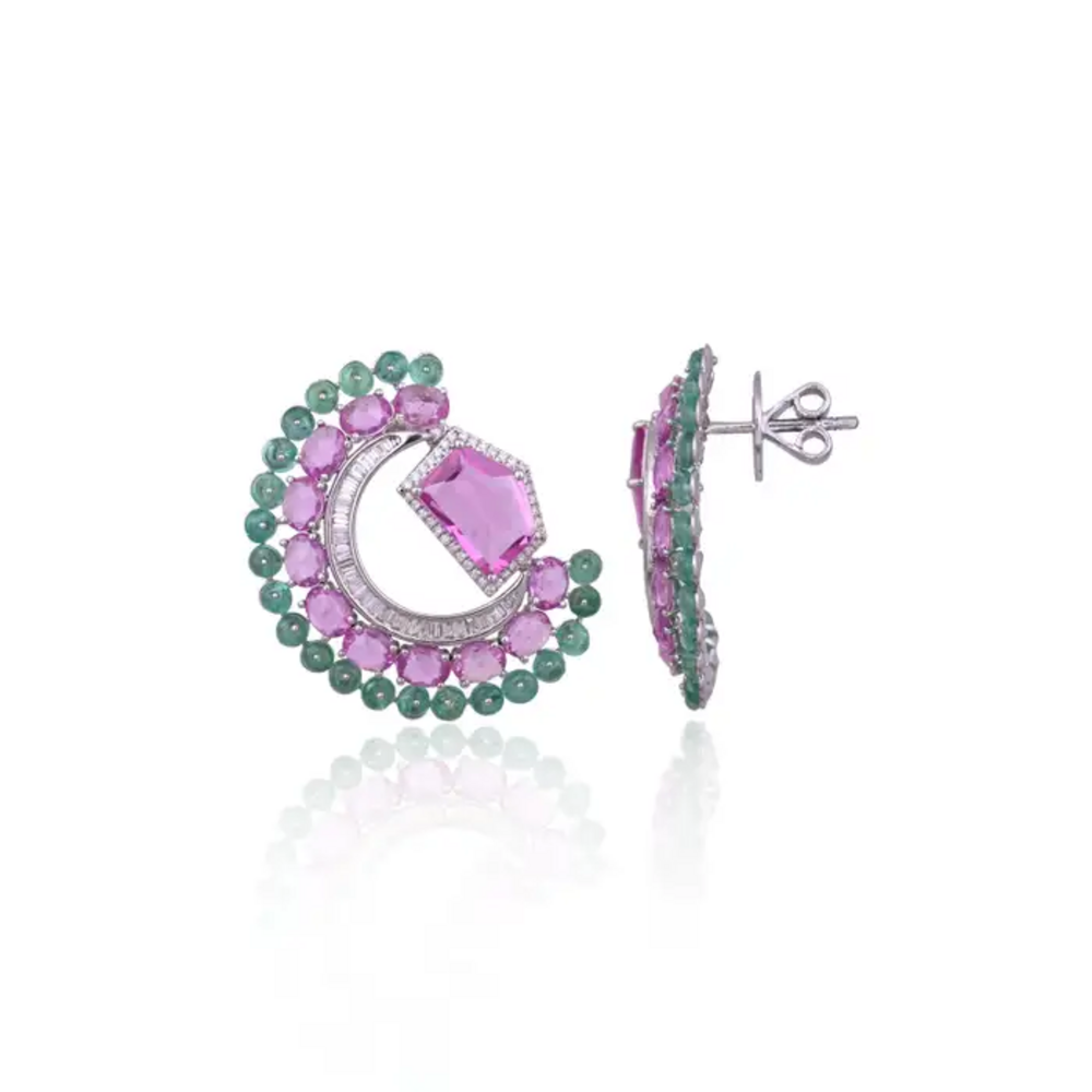 11.33 Ct. Pink Sapphire & Emerald Gemstone Stud Earrings - 18k White Gold Diamond Earrings