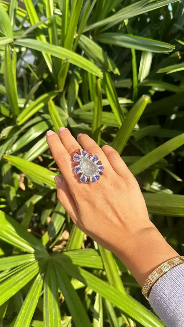 Natural Rubellite, Tanzanite & Carved Aquamarine Gold Ring - 18k White Gold Diamond Big Ring