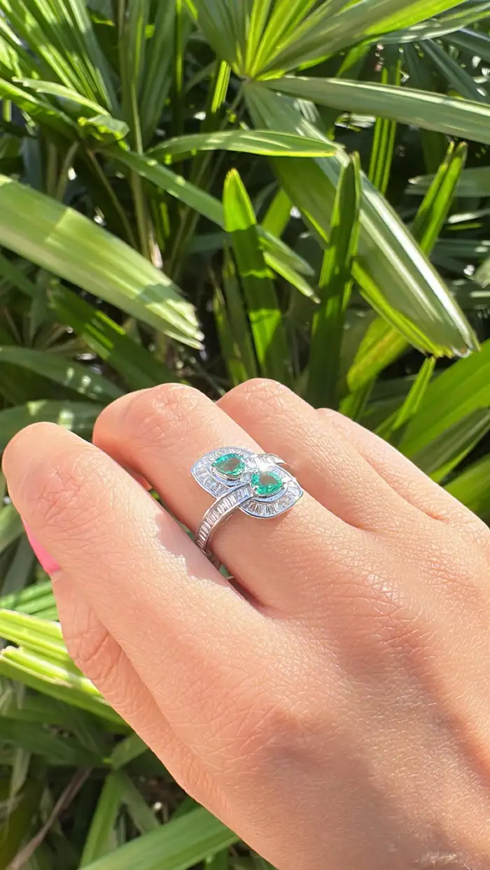 18k White Gold Tapered Baguette Diamonds Engagement Ring - Natural Pear Shape Zambian Emerald Wedding Ring