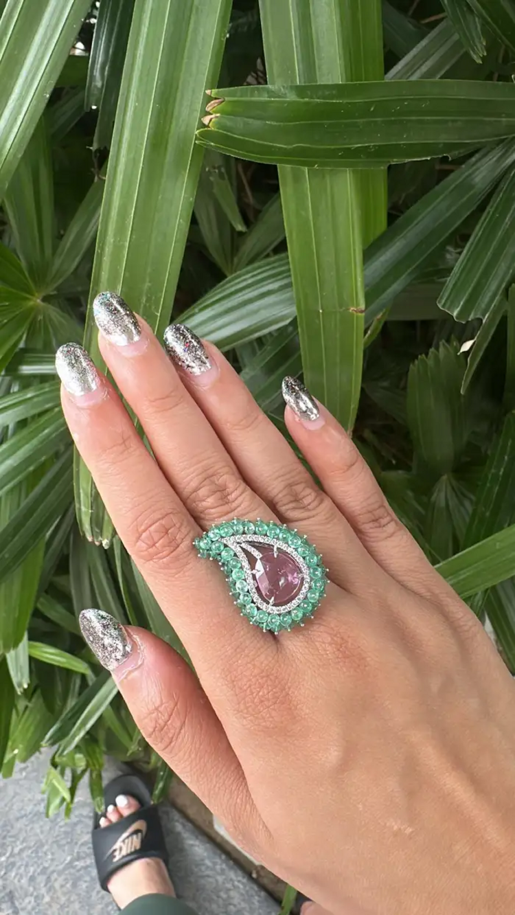 Natural Emerald & Pink Sapphire Statement Ring - 18k White Gold Diamond Handmade Ring