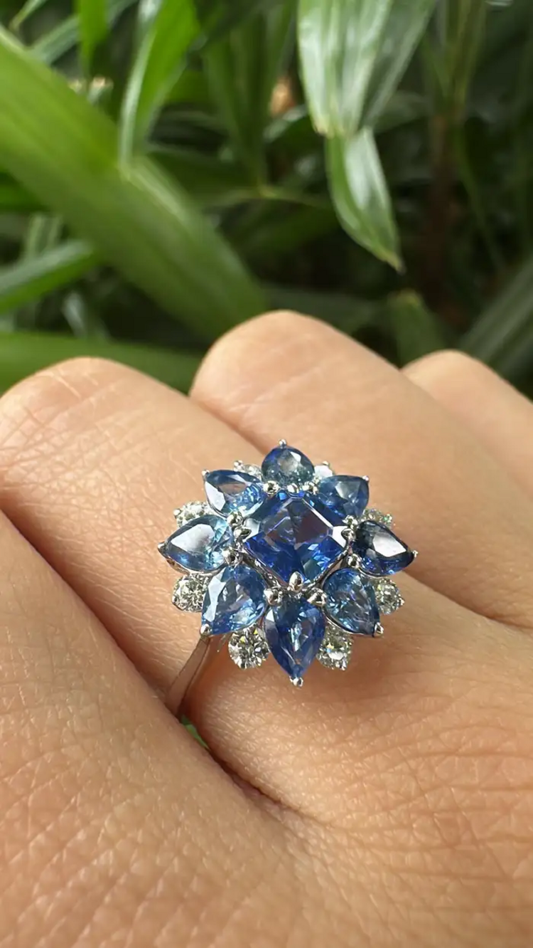 Natural Blue Sapphire Diamond Cocktail Ring - 18k White Gold Handmade Ring