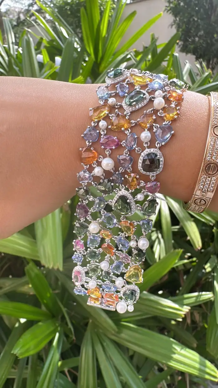 Natural Multi Sapphire & Pearls Link Bracelet - 18k White Gold Diamond Bracelet